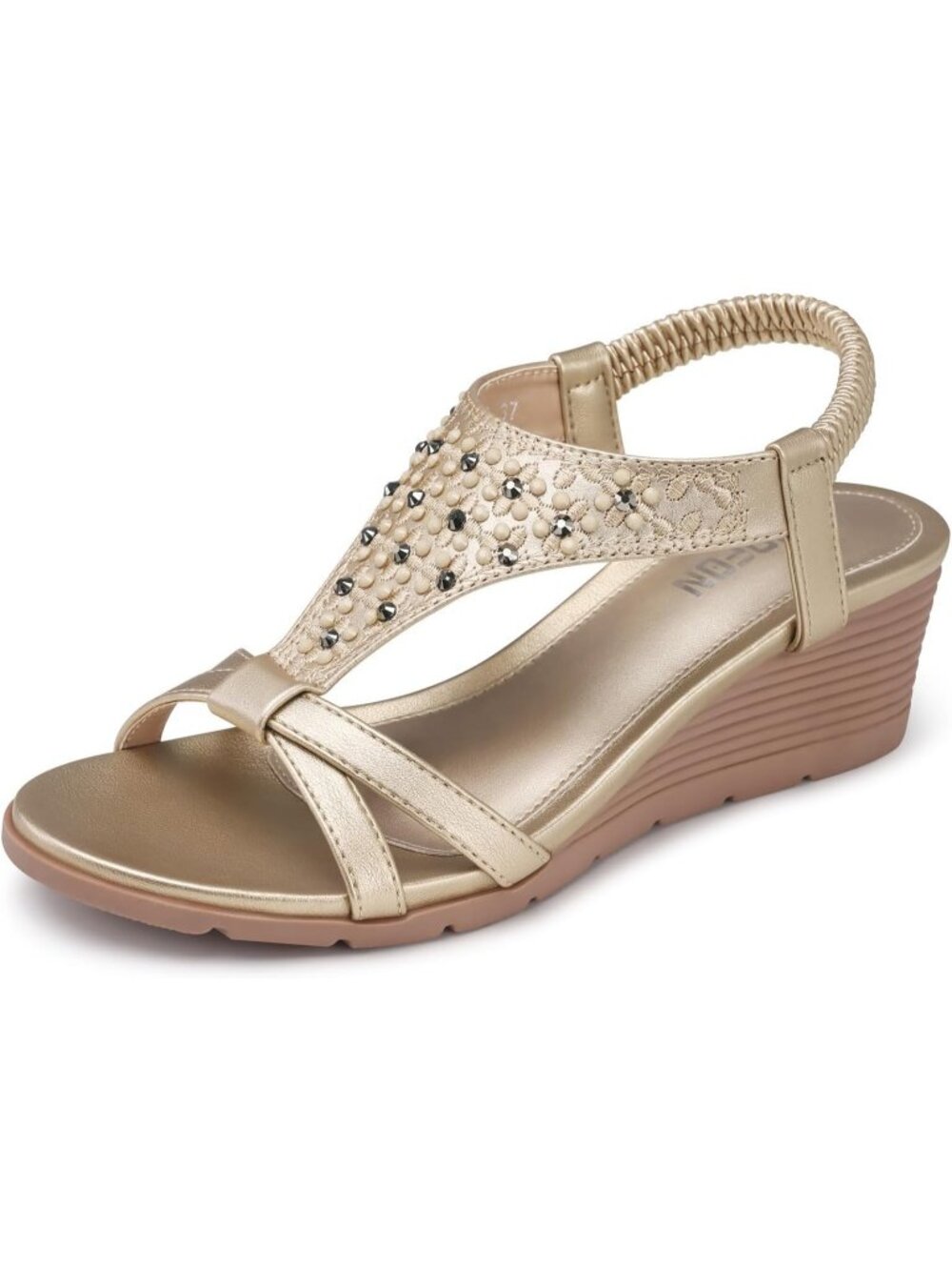 Women's Champagne Elastic Open Toe Flower Low Wedge Heels Platform Sandal Shoes